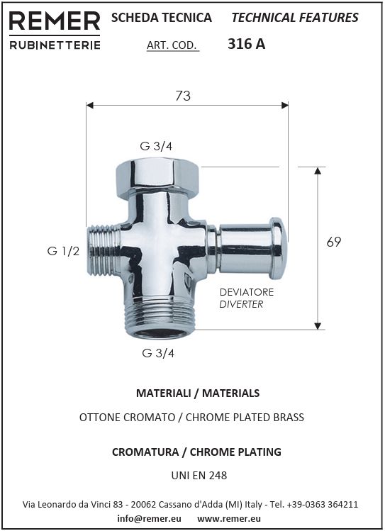 Διανομέας Μπαταριών Remer 316A – 3/4" Αρσ. x 3/4" Θηλ. x 1/2" Αρσ., Ορειχάλκινος Χρωμέ
